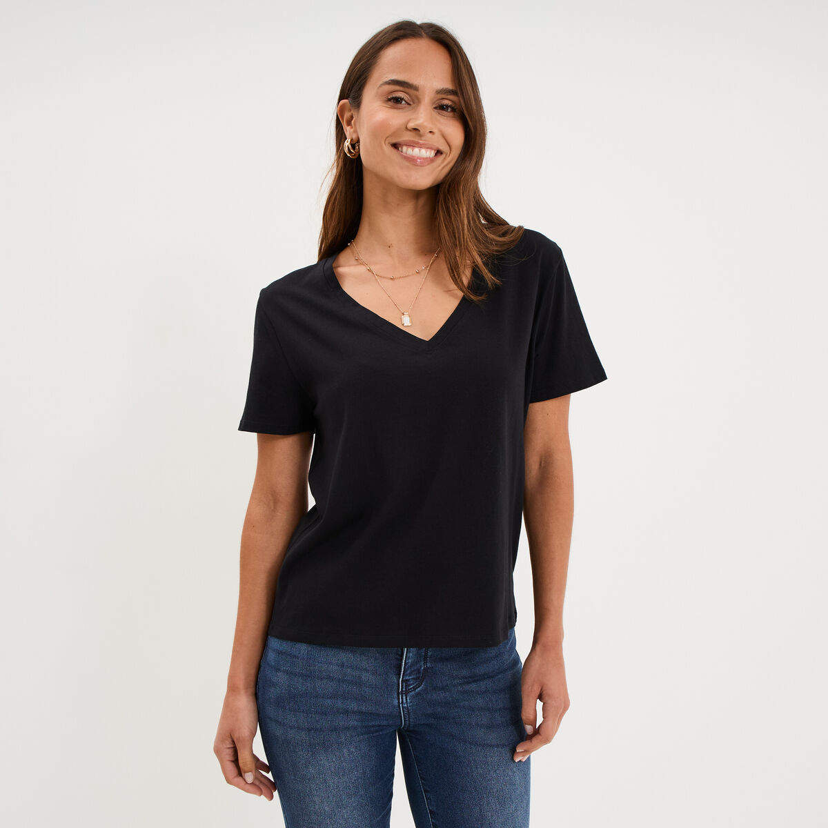T-shirt manches courtes col en V coton noir femme