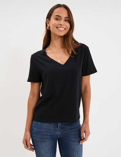 T-shirt manches courtes col en V coton noir femme