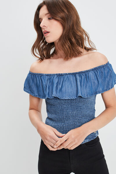 Blouse manches courtes col bardot denim bleach femme