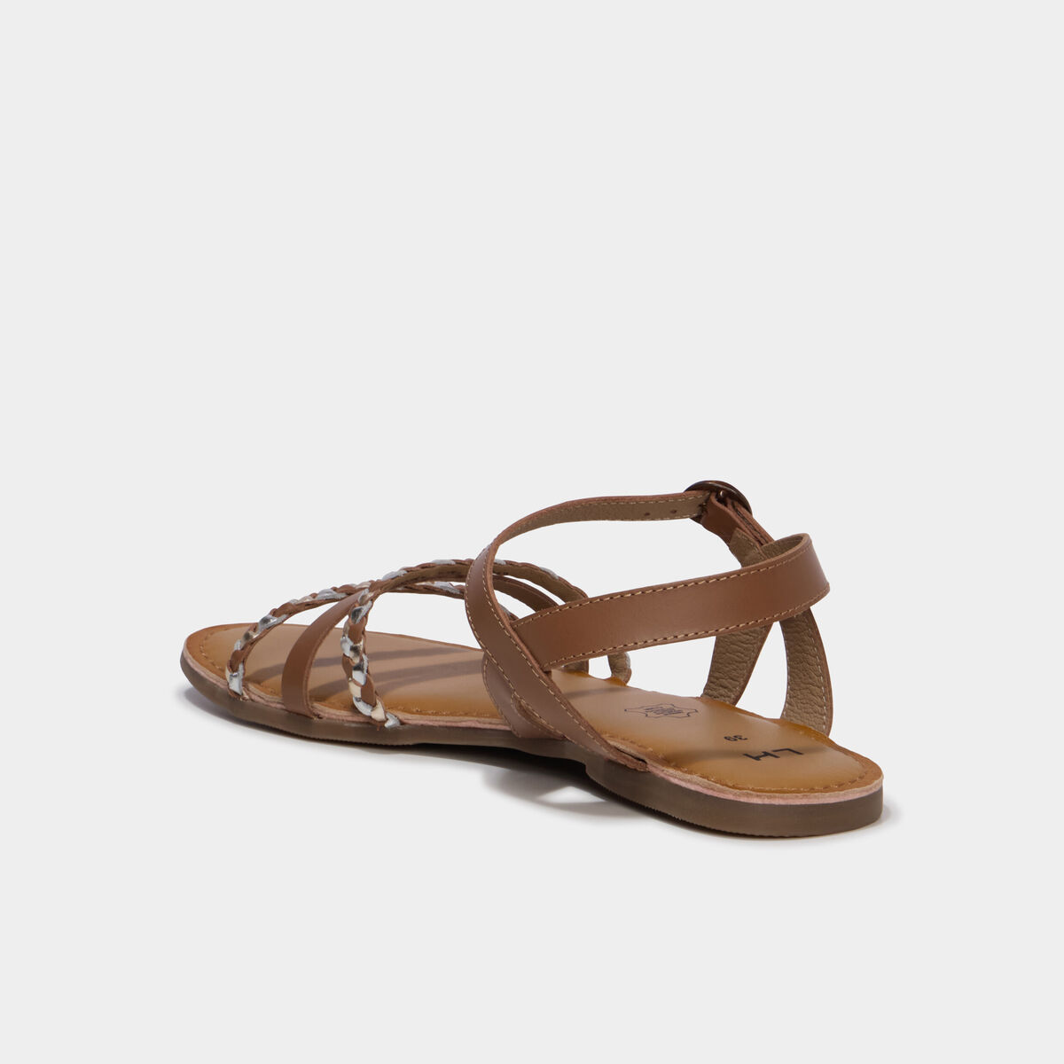 Sandales plates tr&eacute;ss&eacute;es en cuir marron femme