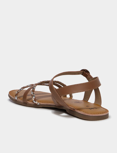 Sandales plates tr&eacute;ss&eacute;es en cuir marron femme
