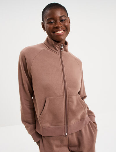 Sweat zipp&eacute; molleton col montant marron cognac femme