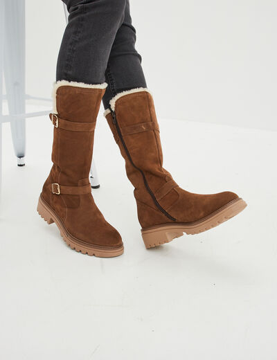 Bottes fourrées en cuir camel fille