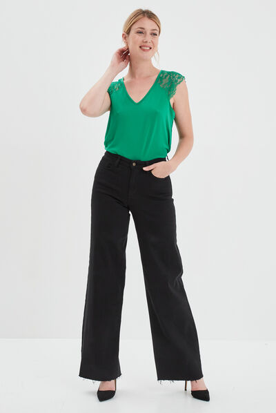 T-shirt col en V dos dentelle vert émeraude femme