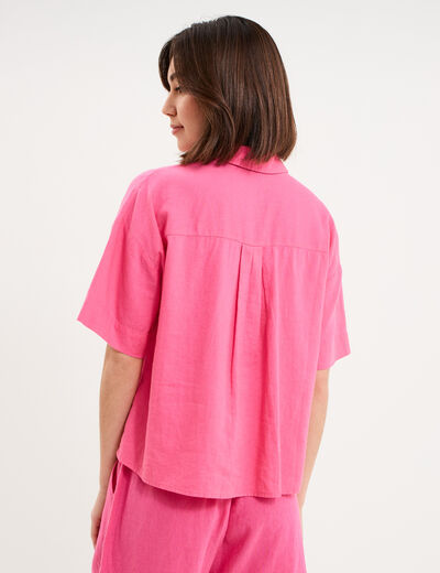 Chemise manches courtes lin m&eacute;lang&eacute; rose fushia femme