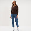 T-shirt coton col rond manches longues marron fonc&eacute; femme