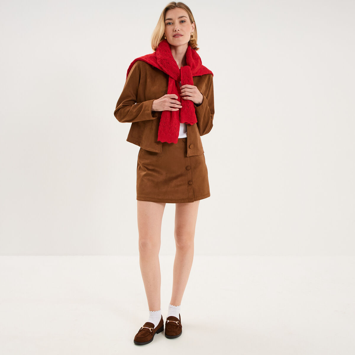 Veste paletot en su&eacute;dine boutonn&eacute;e camel femme
