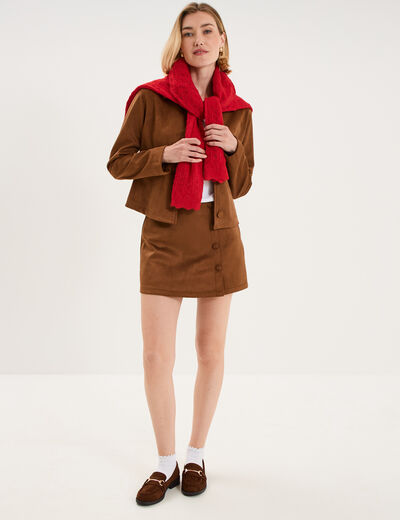 Veste paletot en su&eacute;dine boutonn&eacute;e camel femme