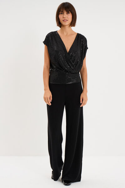 T-shirt &agrave; paillettes col cache-coeur noir femme