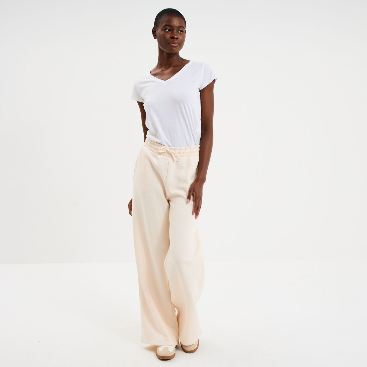Pantalon jogging large taille &eacute;lastiqu&eacute;e beige femme