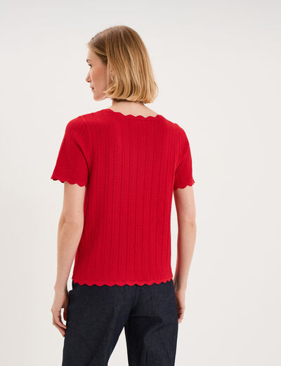 Pull col rond textur&eacute; manches courtes rouge femme