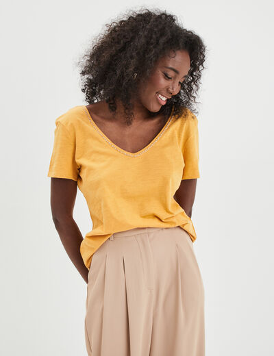 T-shirt à manches courtes jaune moutarde femme