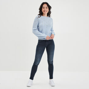Pull manches ballons détails ajourés bleu pastel femme