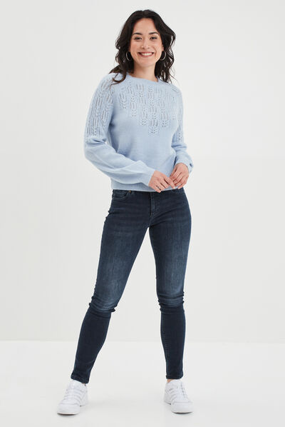 Pull manches ballons détails ajourés bleu pastel femme