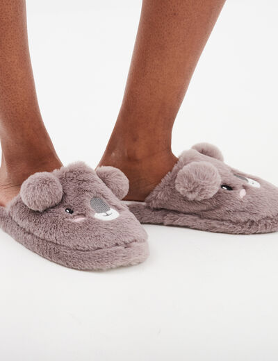Chaussons mules fausse fourrure mauve femme