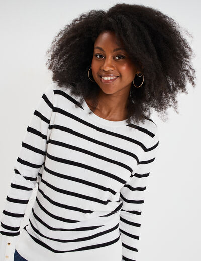 Pull col rond boutons aux poignets ecru femme