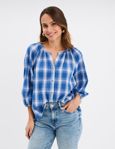 Blouse manches 3/4 ballons coton Creeks bleu femme