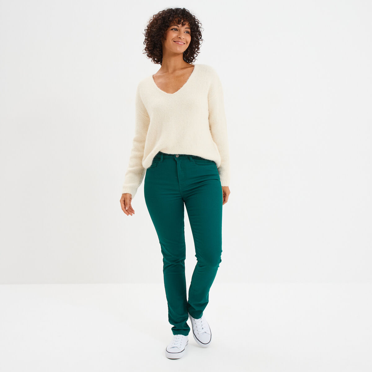 Pantalon slim stretch vert fonc&eacute; femme