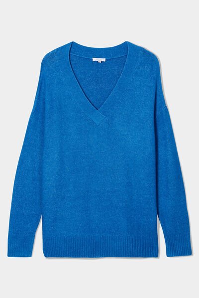 Pull col en V manches longues bleu femme grande taille