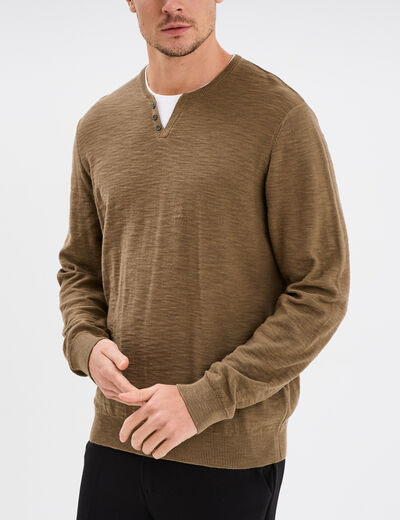 Pull col tunisien coton Liberto vert kaki homme