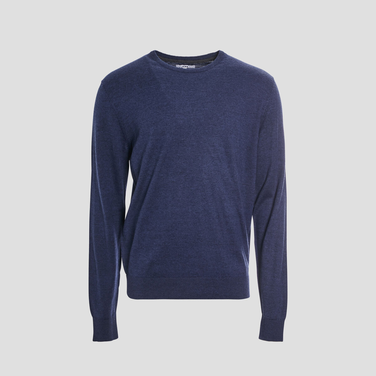 Pull droit col rond coton m&eacute;lang&eacute; bleu fonc&eacute; homme
