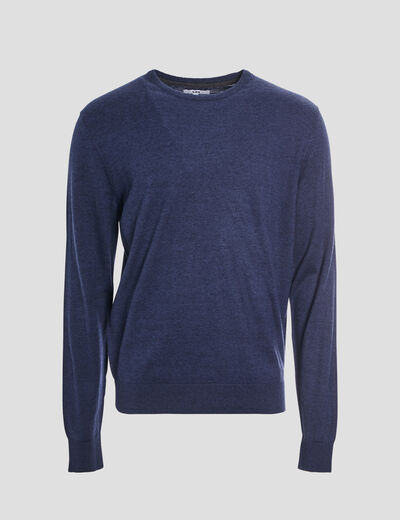 Pull droit col rond coton m&eacute;lang&eacute; bleu fonc&eacute; homme