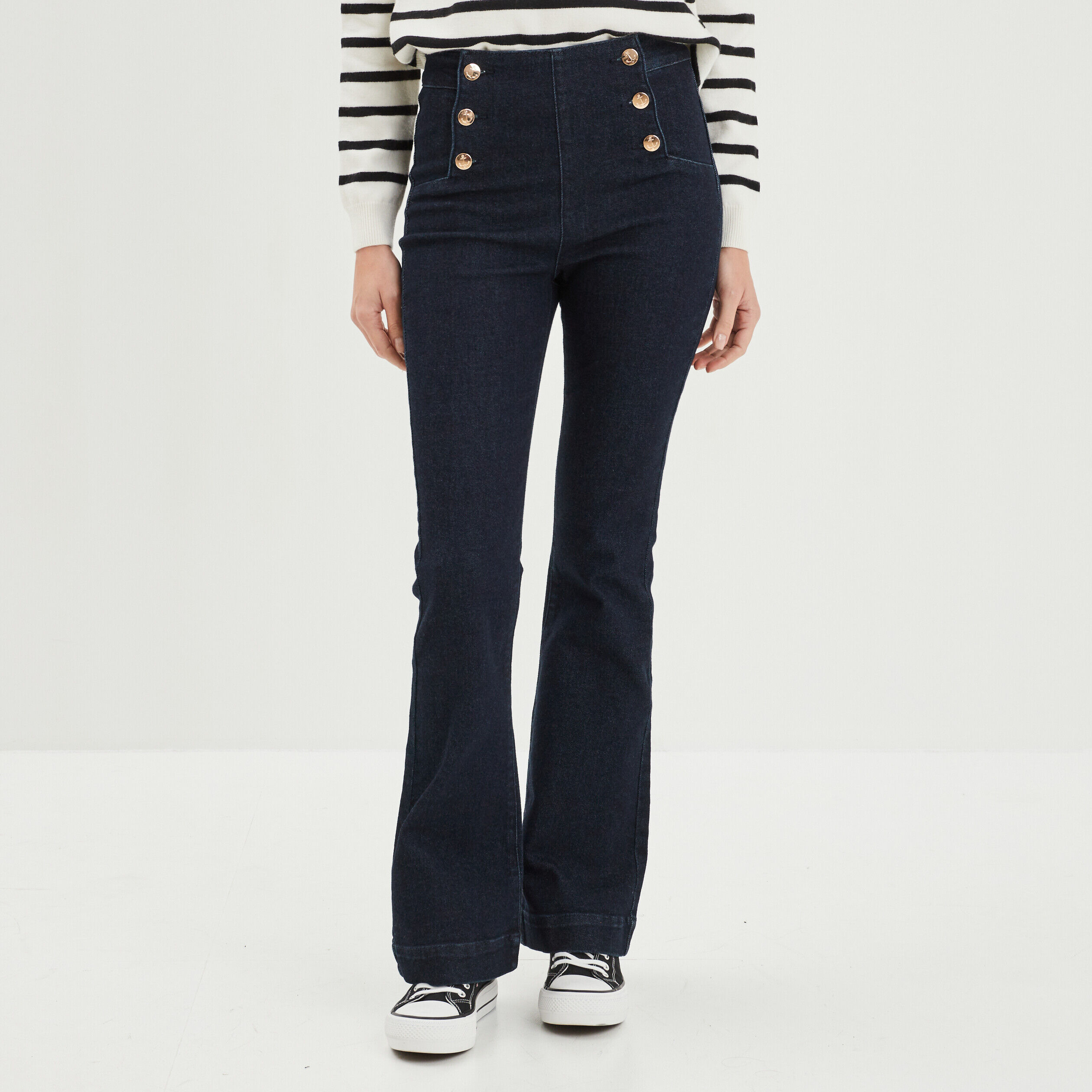Jeans taille haute flare à ponts denim brut femme LH