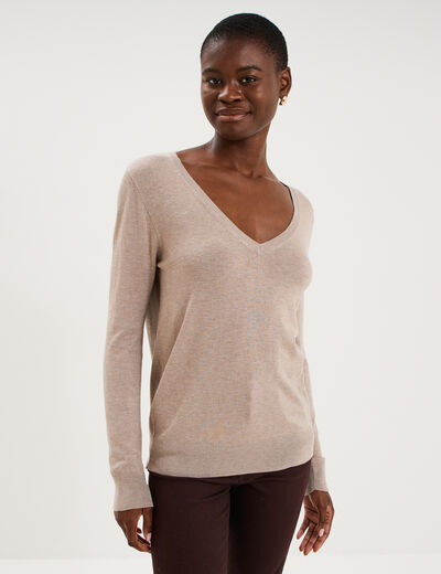Pull col en V manches longues beige femme
