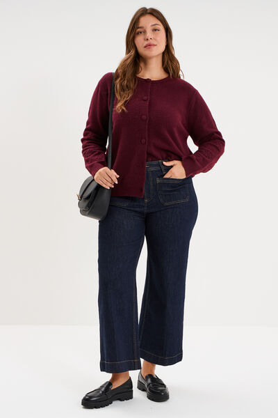 Gilet col rond manches longues boutonn&eacute; violet fonc&eacute; femme grande taille