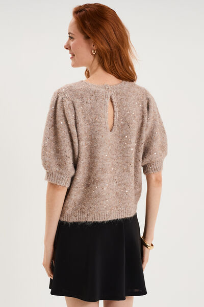 Pull sequins et manches courtes ballons beige femme
