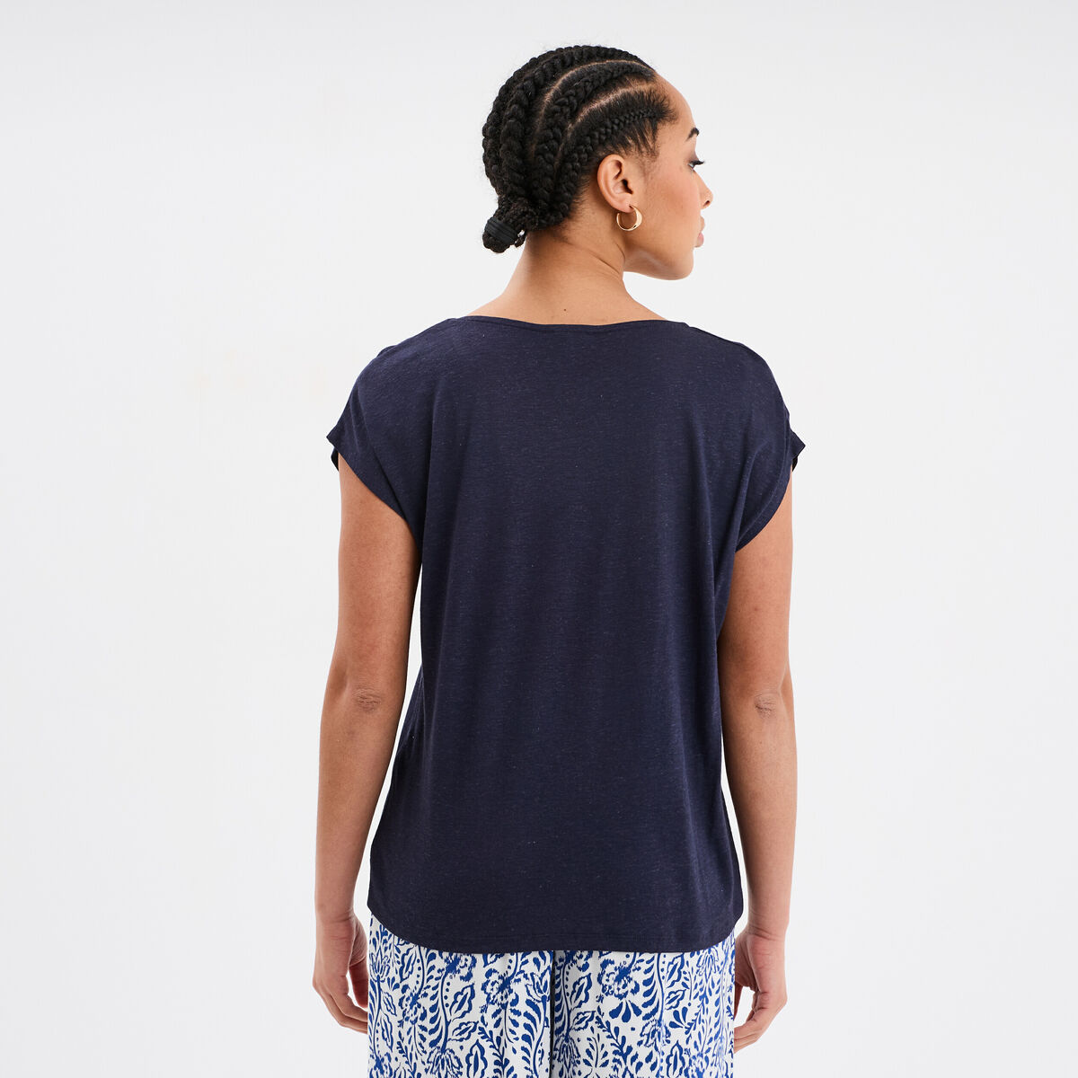 T-shirt manches courtes lin mélangé bleu foncé femme