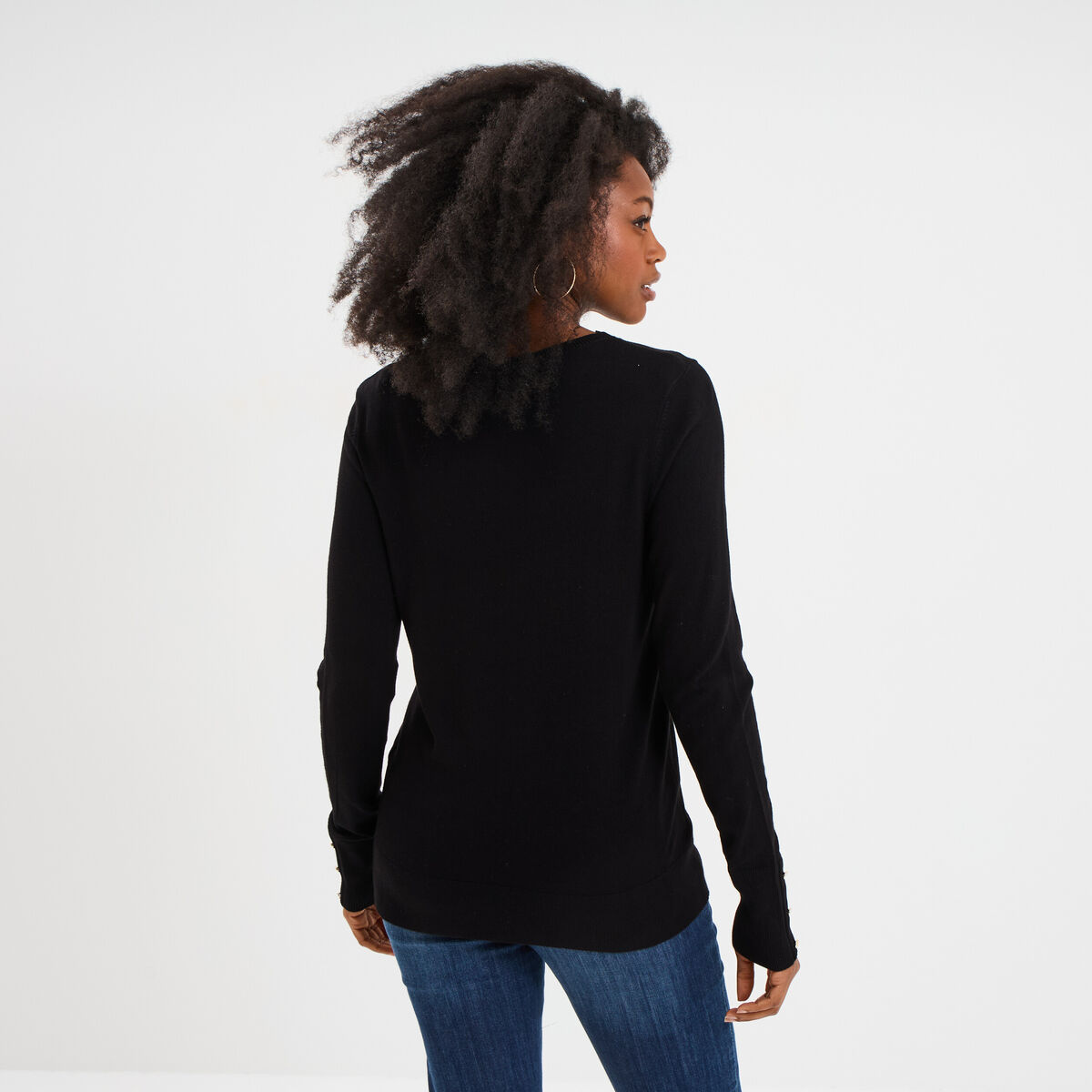 Pull col rond boutons aux poignets noir femme