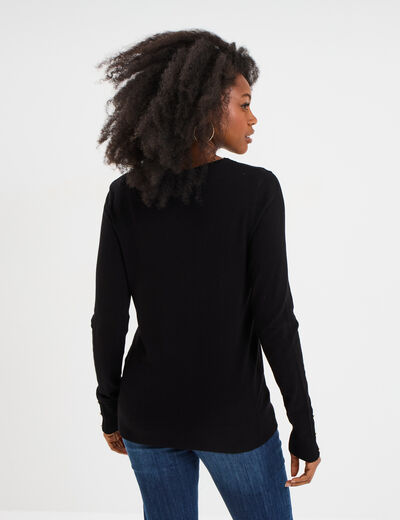 Pull col rond boutons aux poignets noir femme