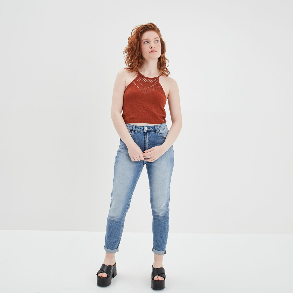 Débardeur pull cropped orange foncé femme