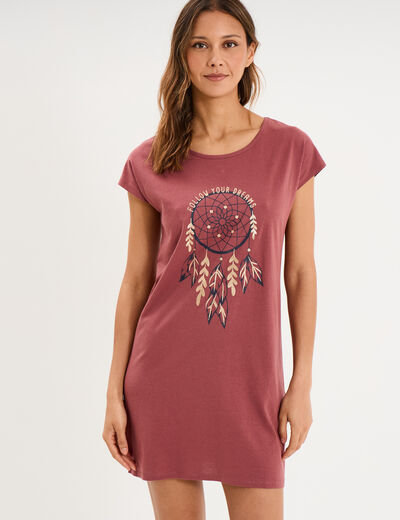 Chemise de nuit courte col rond rose framboise femme