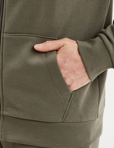 Sweat zippé molleton à capuche vert kaki homme