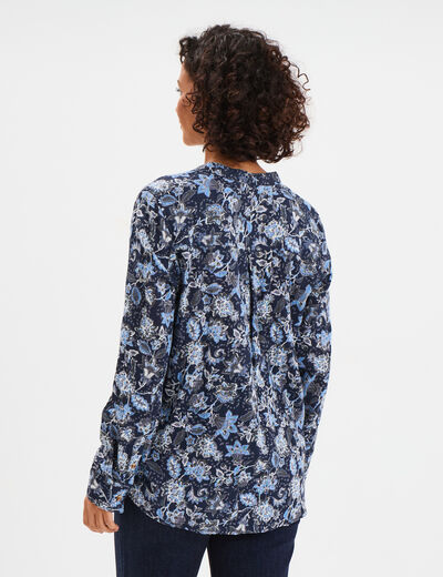 Chemise manches longues col mao bleu marine femme