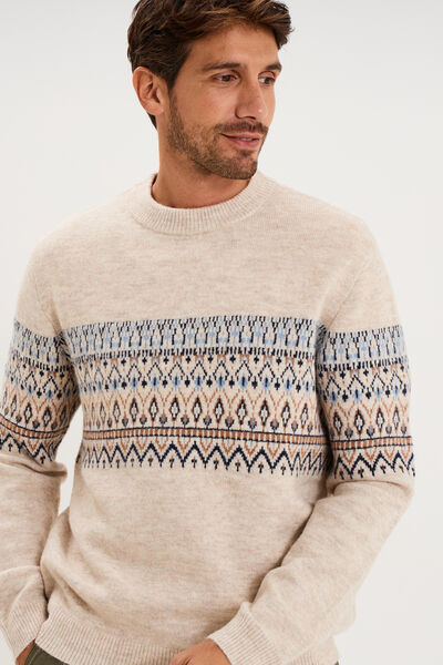 Pull jacquard col rond manches longues ecru homme