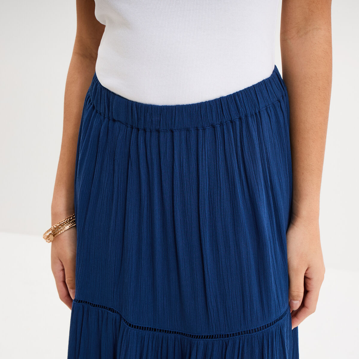 Jupe longue fluide taille &eacute;lastiqu&eacute;e bleu marine femme