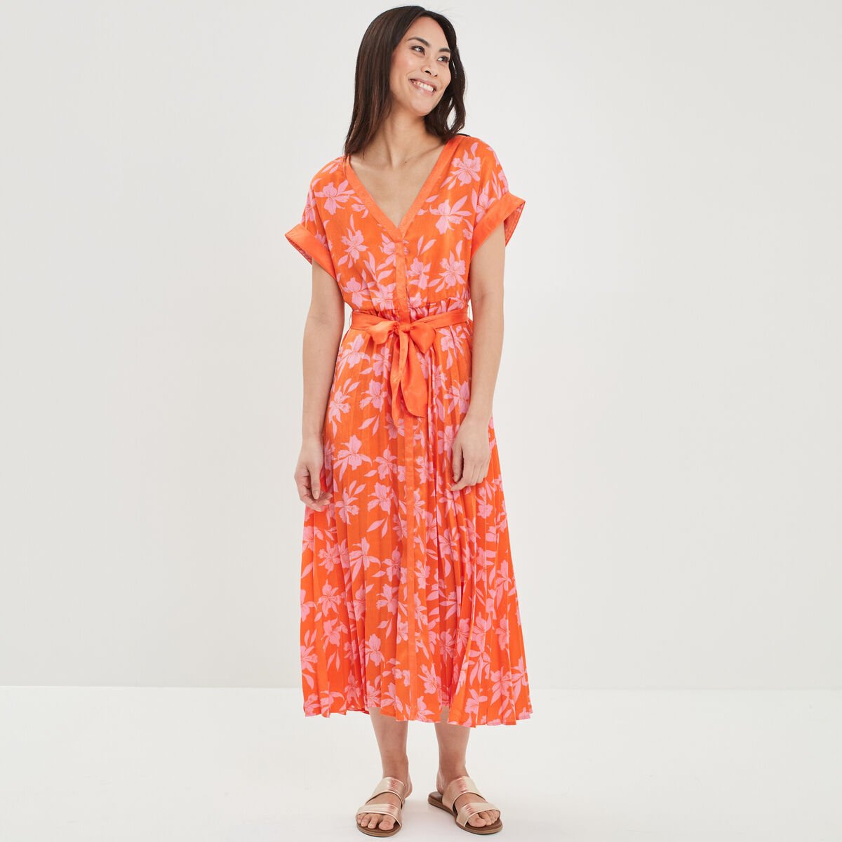 Robe patineuse longue ceinturée orange femme