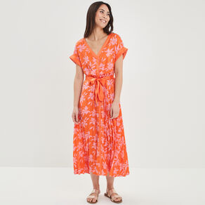 Robe patineuse longue ceinturée orange femme