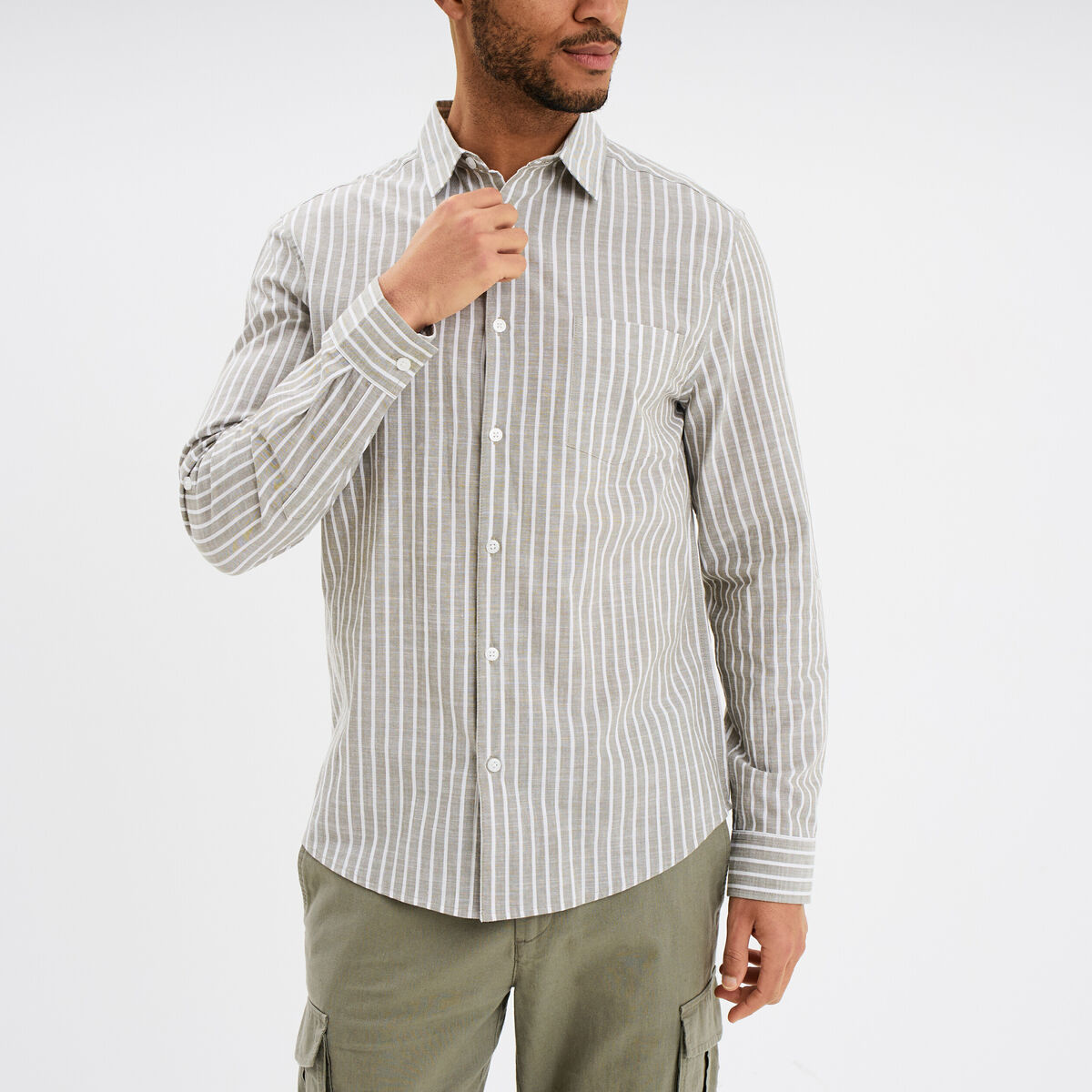 Chemise manches longues coton vert kaki homme