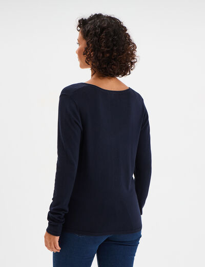 Pull ajusté avec col en V bleu marine femme