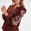 Blouse col tunisien manches brodées marron femme