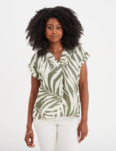 Blouse col en V manches courtes vert kaki femme