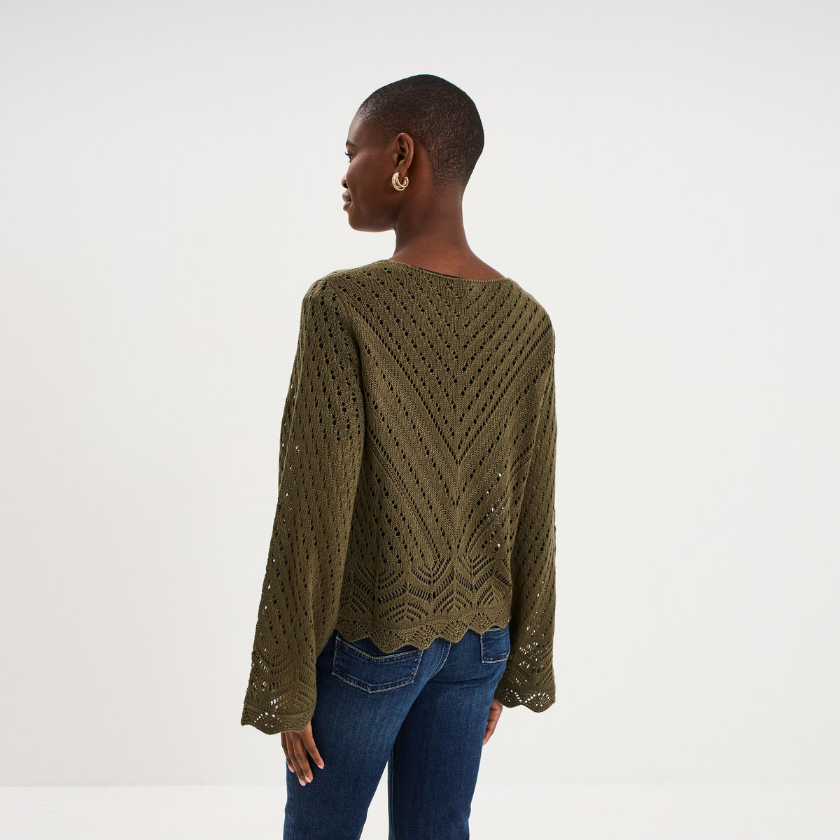 Pull ajour&eacute; col en V manches longues taupe femme