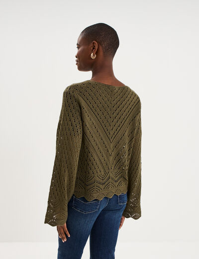 Pull ajour&eacute; col en V manches longues taupe femme