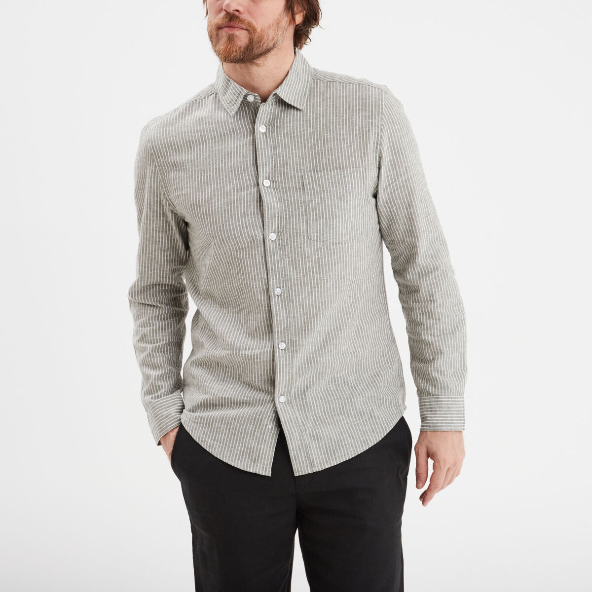 Chemise manches longues 1 poche vert kaki homme