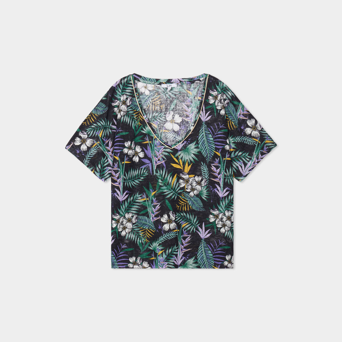 T-shirt col en V manches courtes noir femme