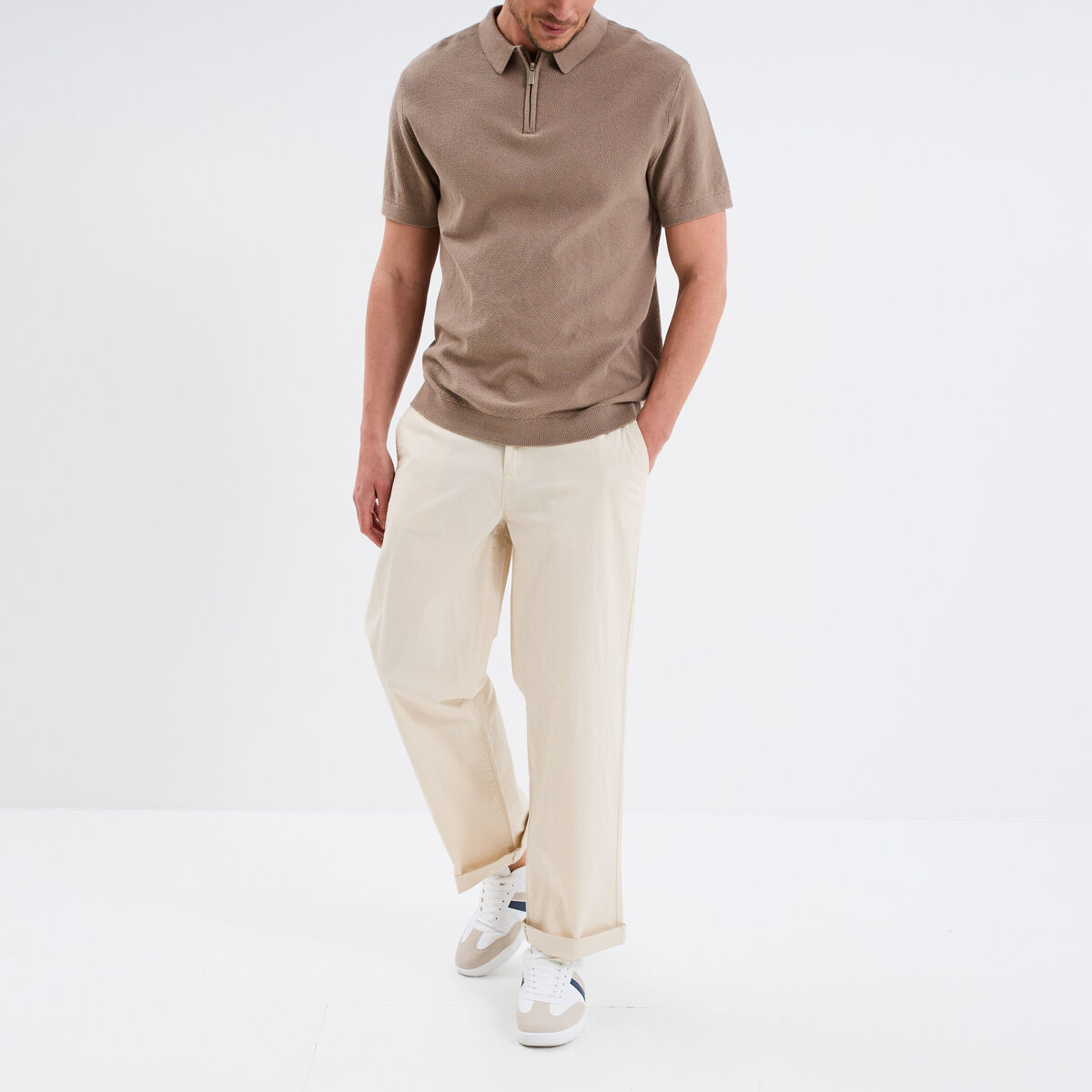 Polo col zippé manches courtes coton taupe homme